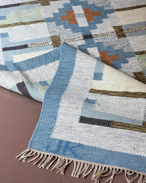 Vintage blue flat weave rug by Karin Jönsson (JK)