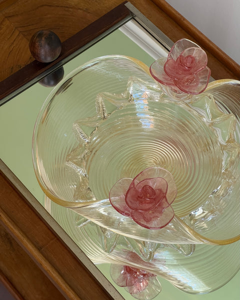 Vintage golden Murano bowl with pink flowers