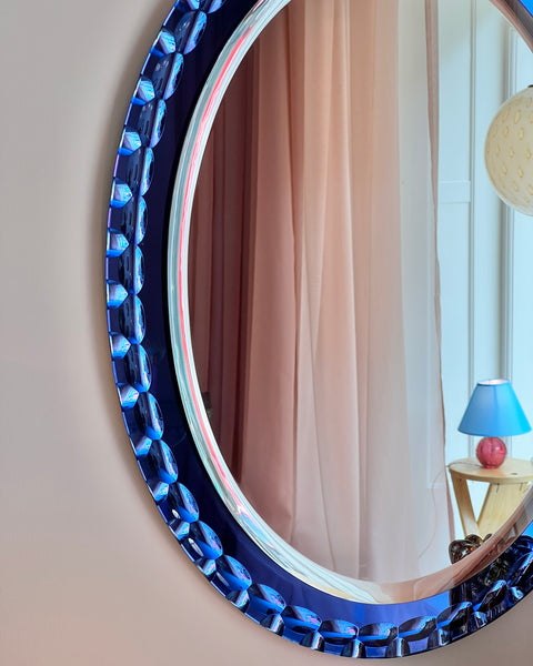 Vintage Italian mirror with blue faceted mirror frame