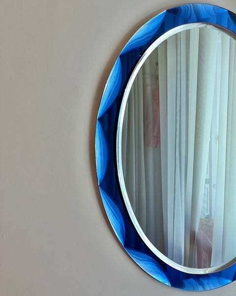 Vintage Italian mirror with blue faceted mirror frame