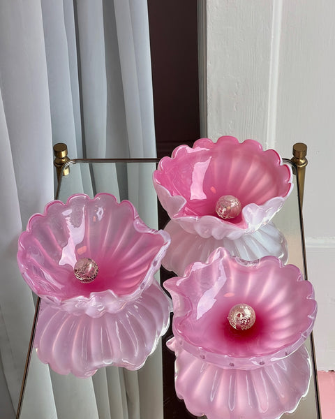 Vintage opal pink Murano shell bowl with pearl