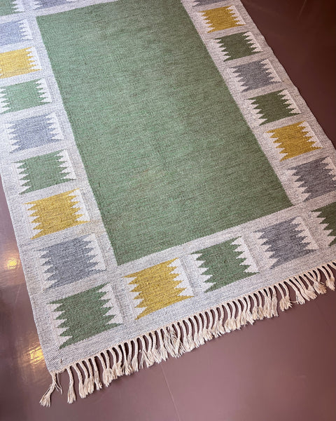 Vintage green/multi-coloured flat weave rug by Birgitta Södergren (BS)
