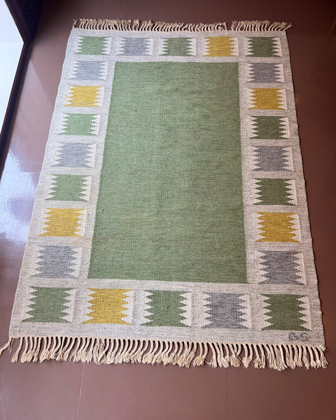 Vintage green/multi-coloured flat weave rug by Birgitta Södergren (BS)