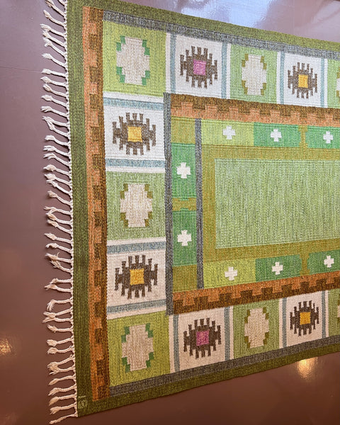 Vintage green flat weave rug by Ingegerd Silow (IS)