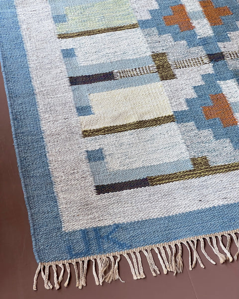 Vintage blue flat weave rug by Karin Jönsson (JK)