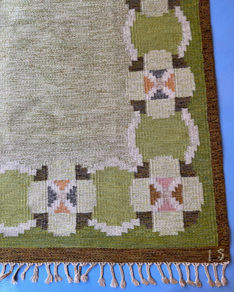 Vintage green flat weave rug by Ingegerd Silow (IS)