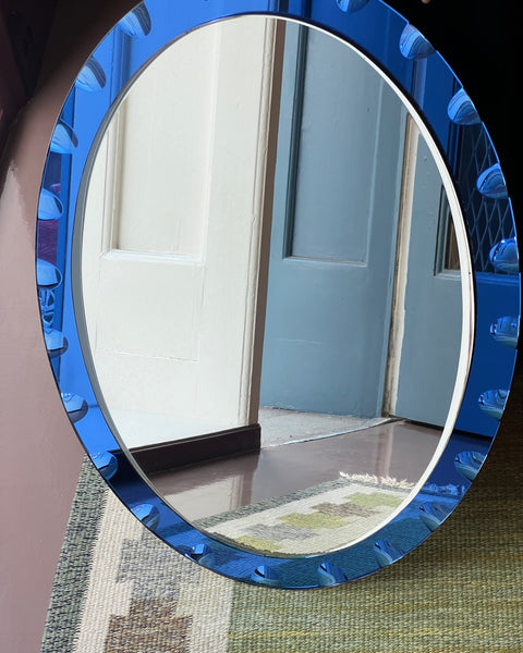 Vintage Italian mirror with blue faceted mirror frame