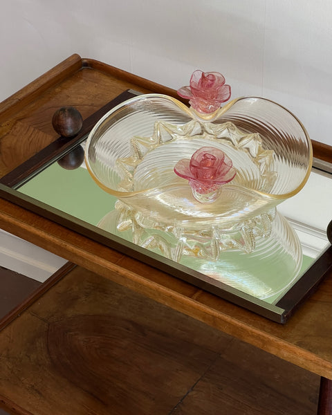 Vintage golden Murano bowl with pink flowers