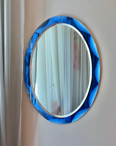 Vintage Italian mirror with blue faceted mirror frame