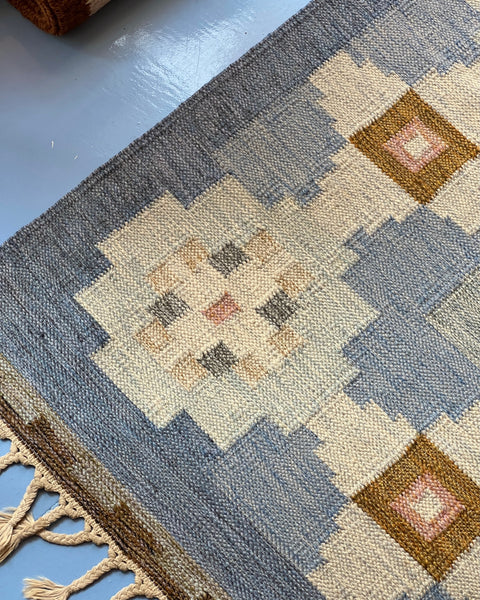 Vintage blue flat weave rug by Ingegerd Silow (IS)