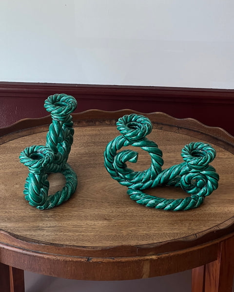 Vintage green twisted ceramic candle holder