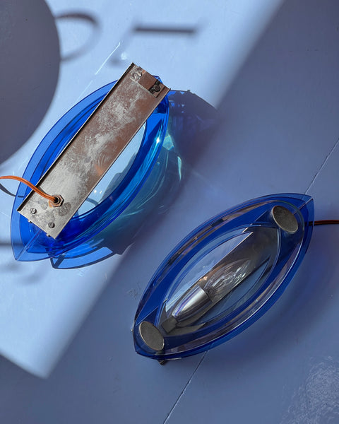 Vintage blue/clear pair of glass wall lamps