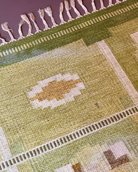 Vintage green flat weave rug by Ingegerd Silow (IS)