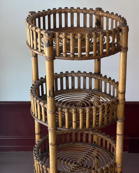 Vintage rattan table / etageres with wheels