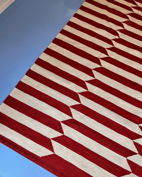 Large vintage deep red / white kilim rug