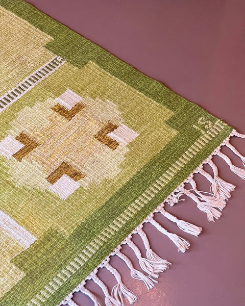 Vintage green flat weave rug by Ingegerd Silow (IS)