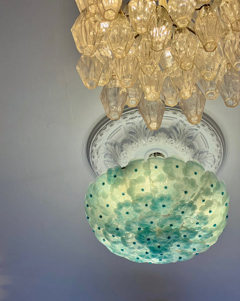 Large vintage blue Murano flower ceiling/wall lamp (D60)