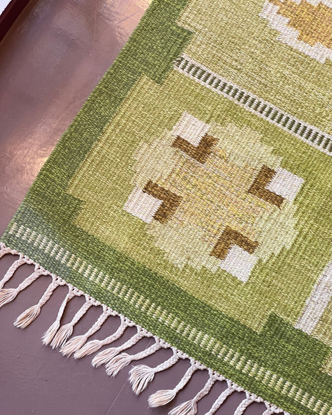 Vintage green flat weave rug by Ingegerd Silow (IS)