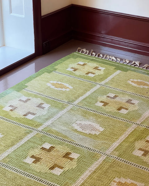 Vintage green flat weave rug by Ingegerd Silow (IS)