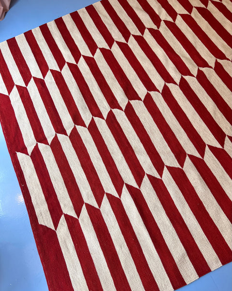 Large vintage deep red / white kilim rug