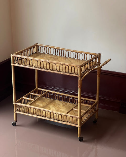 Vintage rattan trolley/table with wheels