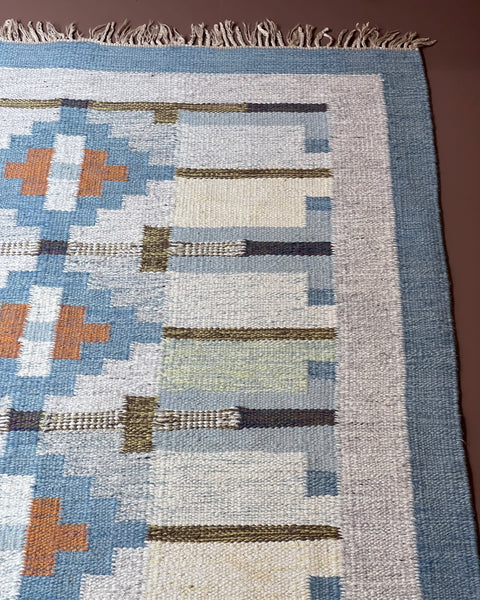 Vintage blue flat weave rug by Karin Jönsson (JK)