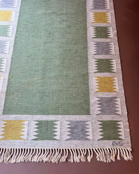 Vintage green/multi-coloured flat weave rug by Birgitta Södergren (BS)