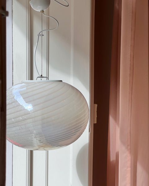 Vintage oval iridescent white swirl Murano ceiling lamp (D45)