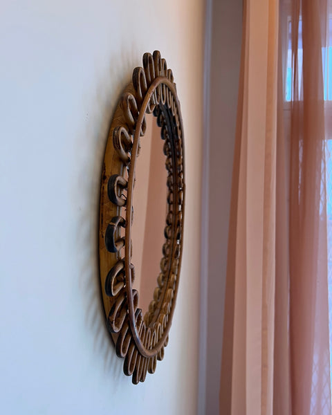 Vintage Italian mirror with round rattan frame