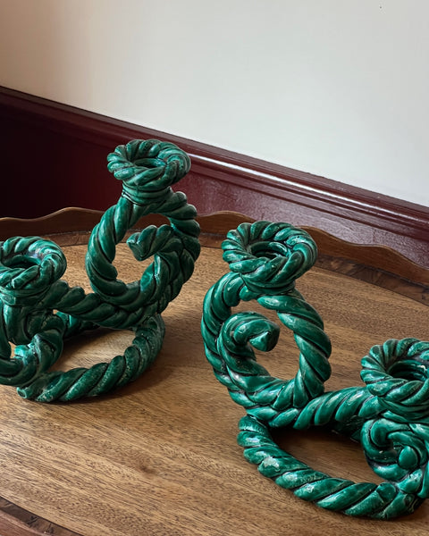 Vintage green twisted ceramic candle holder
