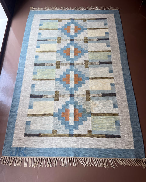 Vintage blue flat weave rug by Karin Jönsson (JK)
