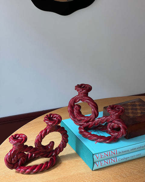 Vintage burgundy twisted ceramic candle holder (2 available)