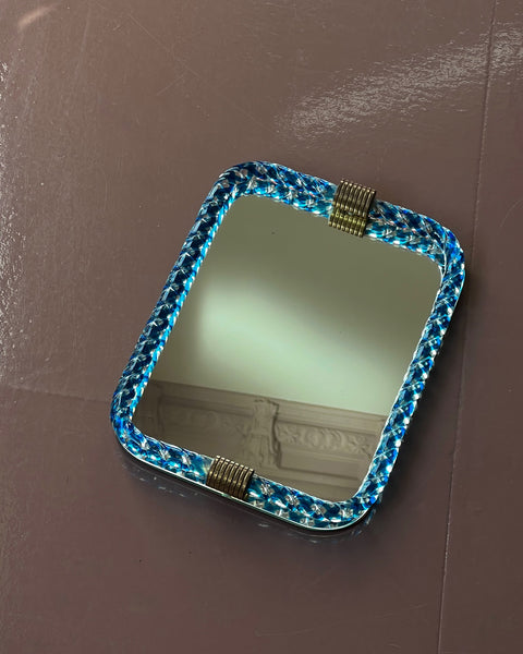 Vintage Italian mirror with twisted clear/blue squared glass frame
