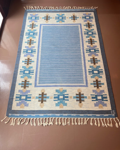 Vintage blue flat weave rug by Ingegerd Silow (IS)