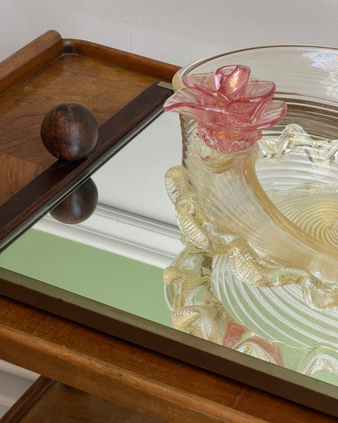 Vintage golden Murano bowl with pink flowers