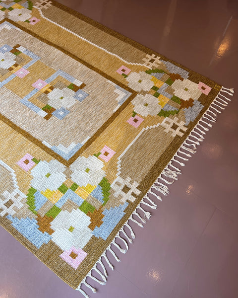 Vintage brown muli-coloured flat weave rug by Ingegerd Silow (IS)