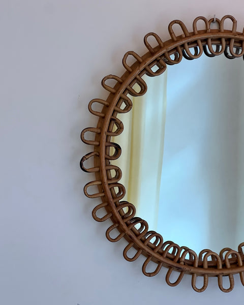 Vintage Italian mirror with round rattan frame