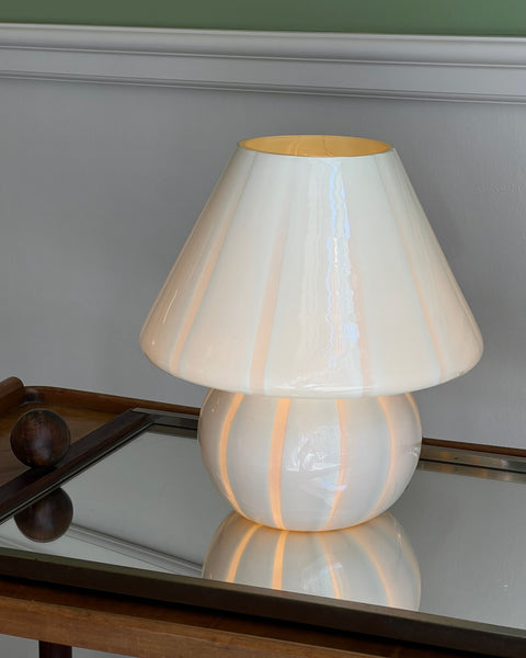 Vintage light yellow vertical striped Murano mushroom table lamp