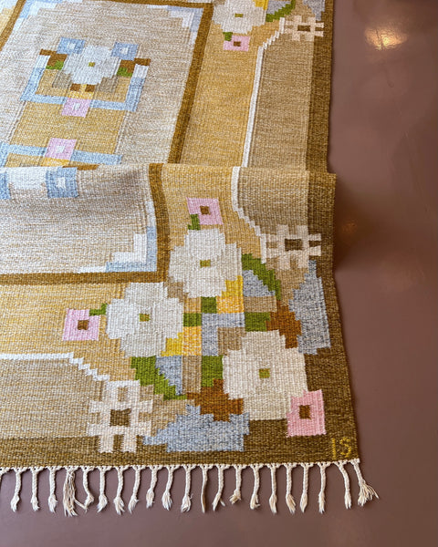 Vintage brown muli-coloured flat weave rug by Ingegerd Silow (IS)