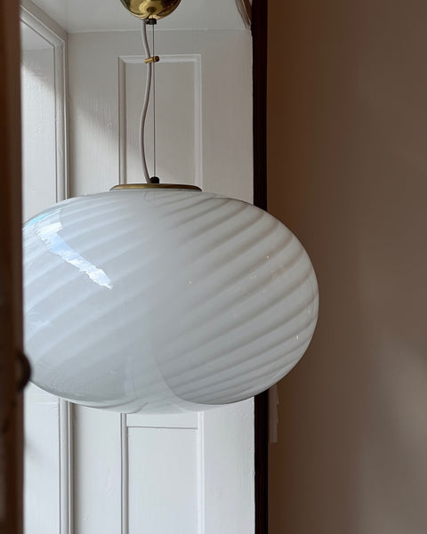 Large vintage oval white swirl Murano ceiling lamp (D50)
