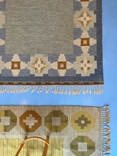 Vintage blue flat weave rug by Ingegerd Silow (IS)