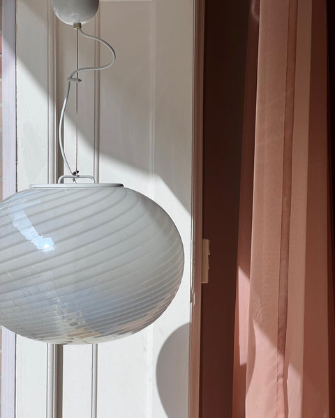 Vintage oval iridescent white swirl Murano ceiling lamp (D45)