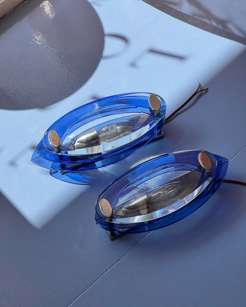 Vintage blue/clear pair of glass wall lamps