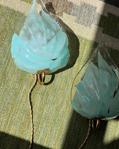 Pair of large vintage blue Murano leaf wall lamps (Sold as a pair)