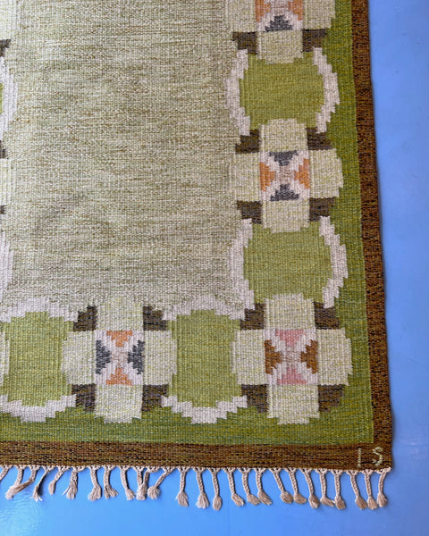 Vintage green flat weave rug by Ingegerd Silow (IS)