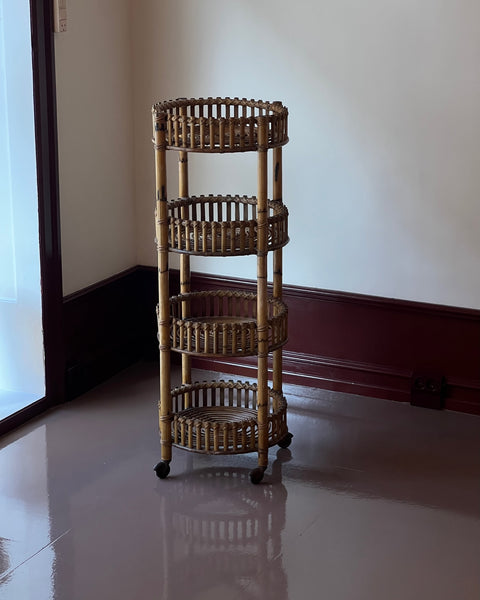 Vintage rattan table / etageres with wheels
