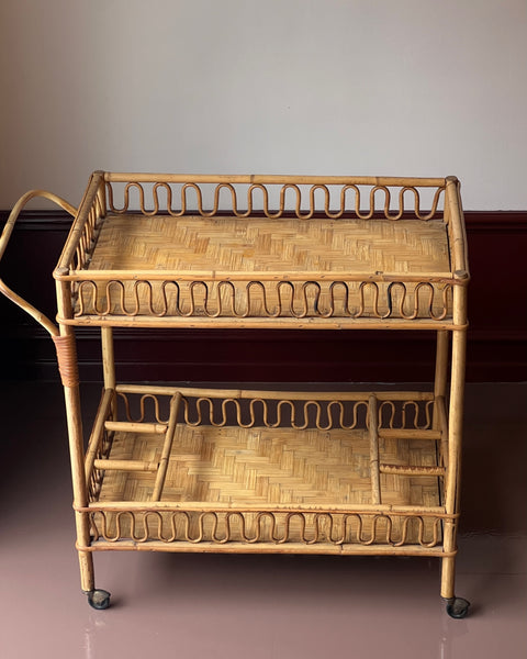 Vintage rattan trolley/table with wheels
