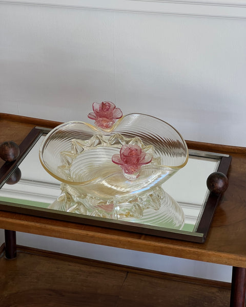Vintage golden Murano bowl with pink flowers