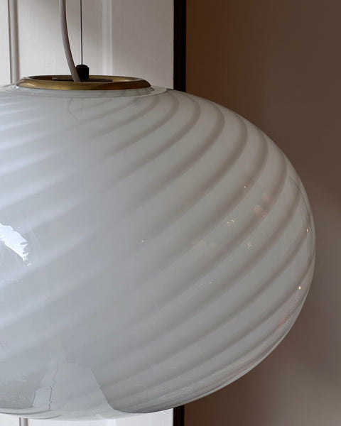 Large vintage oval white swirl Murano ceiling lamp (D50)