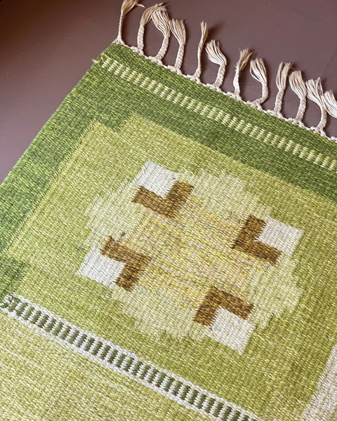 Vintage green flat weave rug by Ingegerd Silow (IS)